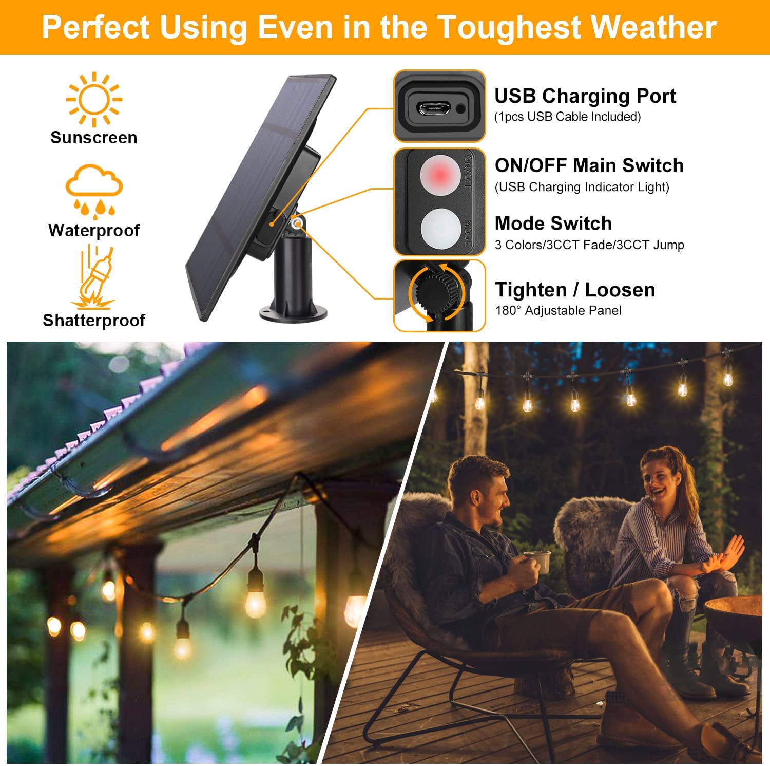 Maxvolador 3-Color in 1 Dimmable Solar String Lights Outdoor,48ft LED Patio String Lights with Remotes,15 Hanging Sockets,Waterproof ，Warm White Daylight White Lights Perfect using even in the toughest weather