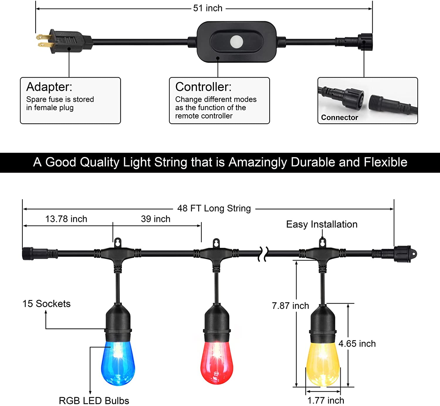 Maxvolador 48FT Outdoor Patio Lights, RGB Cafe String Lights with 15 E26 S14 Shatterproof Edison Bulbs, Commercial Grade Dimmable String Lights for Bistro Backyard Garden, 2 Remote Controllers，standard size