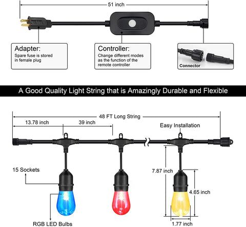 Maxvolador 48FT Outdoor Patio Lights, RGB Cafe String Lights with 15 E26 S14 Shatterproof Edison Bulbs, Commercial Grade Dimmable String Lights for Bistro Backyard Garden, 2 Remote Controllers，standard size