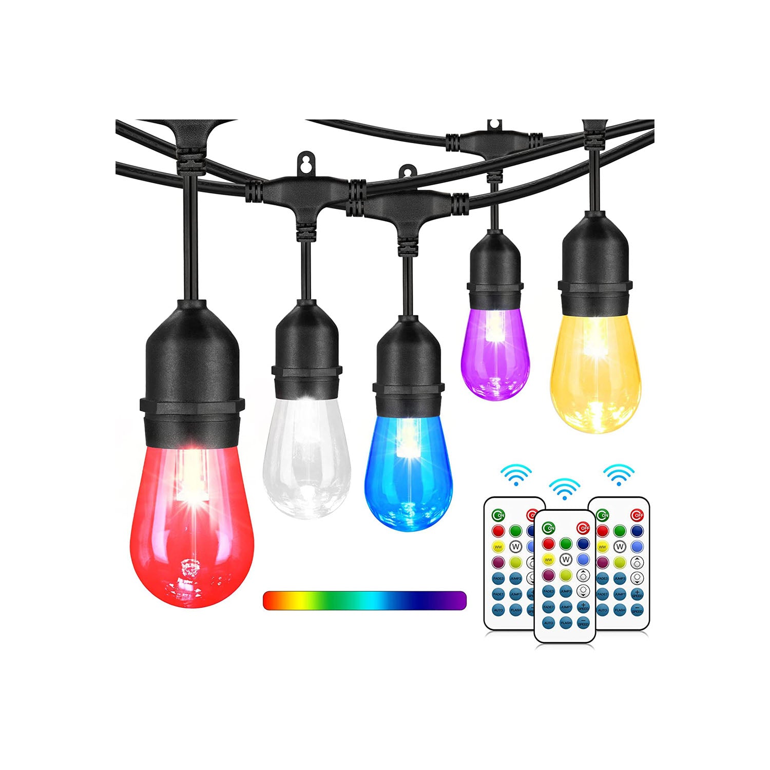 Maxvolador 48FT Outdoor Patio Lights, RGB Cafe String Lights with 15 E26 S14 Shatterproof Edison Bulbs, Commercial Grade Dimmable String Lights for Bistro Backyard Garden, 3 Remote Controllers
