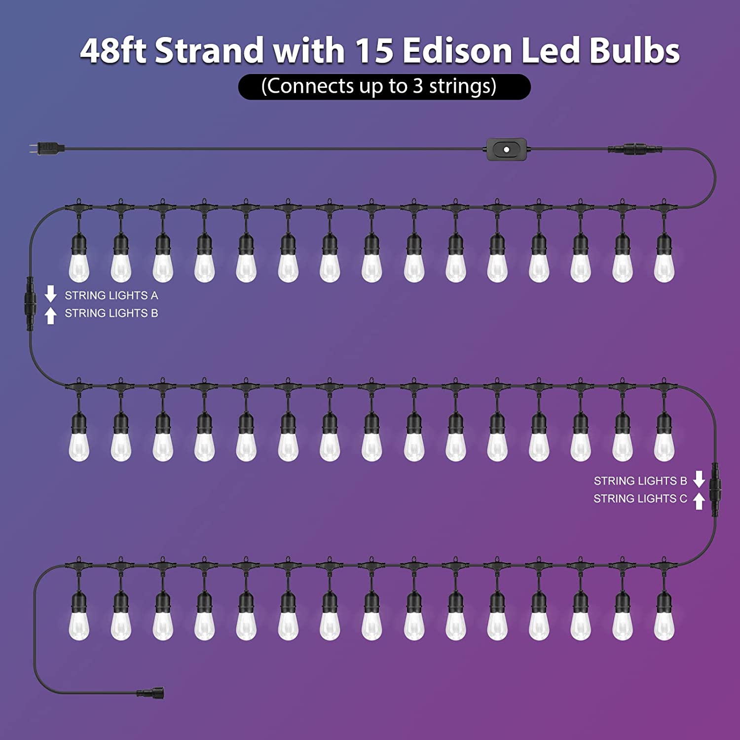 Maxvolador 48FT Outdoor Patio Lights, RGB Cafe String Lights with 15 E26 S14 Shatterproof Edison Bulbs, Commercial Grade Dimmable String Lights for Bistro Backyard Garden,3Remote Controllers，connects up to 3 strings