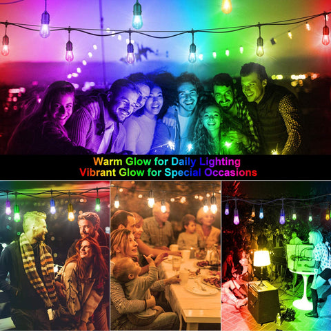 Maxvolador 48FT Outdoor Patio Lights, RGB Cafe String Lights with 15 E26 S14 Shatterproof Edison Bulbs, Commercial Grade Dimmable String Lights for Bistro Backyard Garden party, 3 Remote Controllers