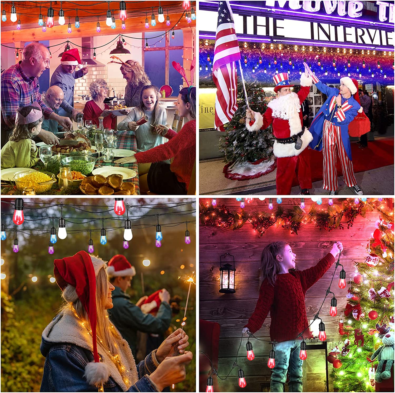 Maxvolador 48FT Outdoor Patio Lights, RGB Cafe String Lights with 15 E26 S14 Shatterproof Edison Bulbs, Commercial Grade Dimmable String Lights for Christmas dress up, 2 Remote Controllers