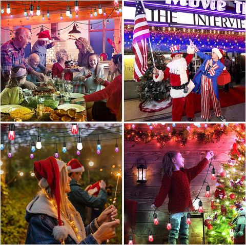 Maxvolador 48FT Outdoor Patio Lights, RGB Cafe String Lights with 15 E26 S14 Shatterproof Edison Bulbs, Commercial Grade Dimmable String Lights for Christmas dress up, 3 Remote Controllers