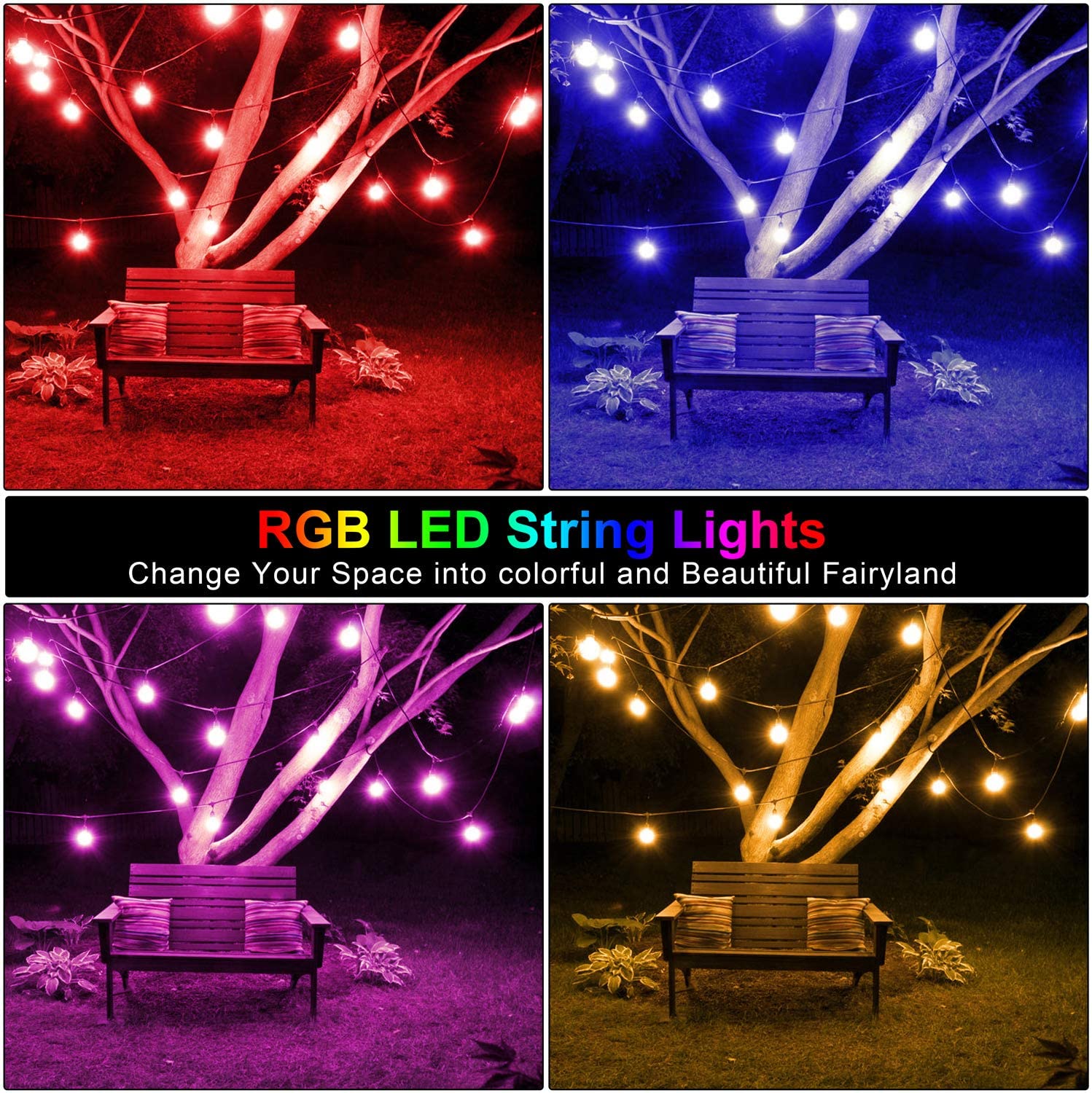 Maxvolador 48FT Outdoor Patio Lights, RGB Cafe String Lights with 15 E26 S14 Shatterproof Edison Bulbs, Commercial Grade Dimmable String Lights for  party, Colorful，3 Remote Controllers