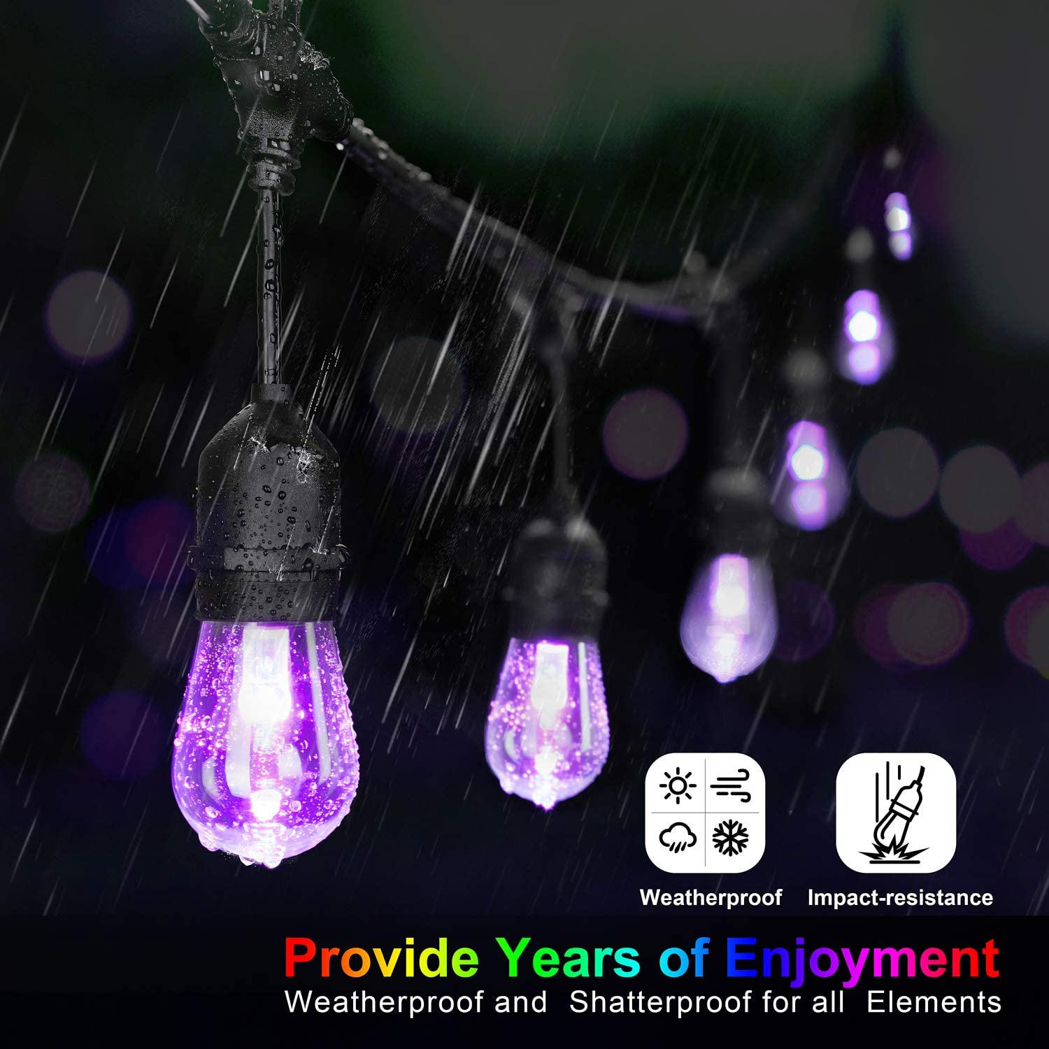 Maxvolador 48FT Outdoor Patio Lights, RGB Cafe String Lights with 15 E26 S14 Shatterproof Edison Bulbs, Commercial Grade Dimmable String Lights for  party, Purple，3 Remote Controllers