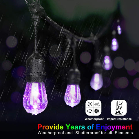 Maxvolador 48FT Outdoor Patio Lights, RGB Cafe String Lights with 15 E26 S14 Shatterproof Edison Bulbs, Commercial Grade Dimmable String Lights for  party, Purple，3 Remote Controllers