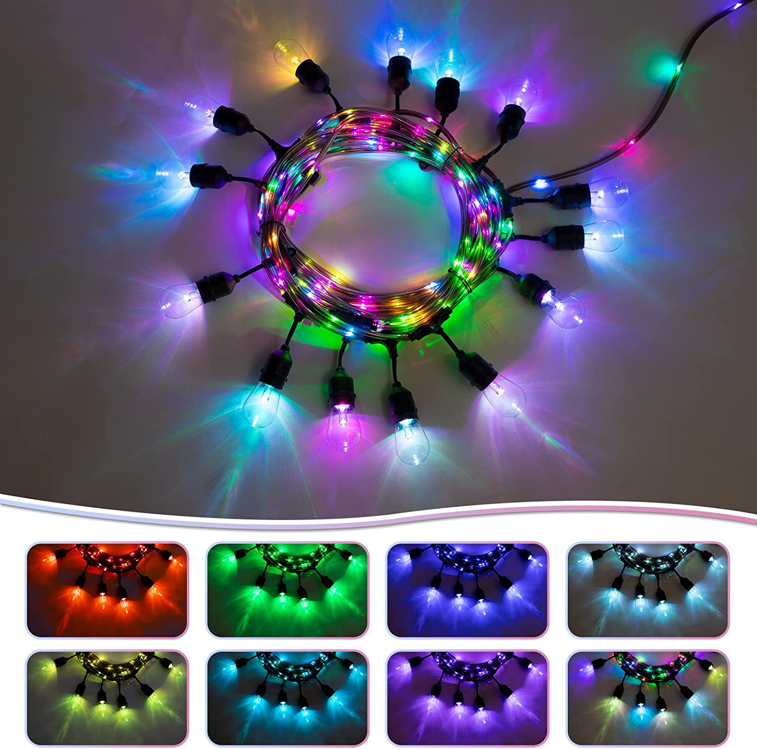 Maxvolador 48FT RGB String Lights with Rope Fairy, LED String Lights Outdoor with Remote, RGB Café Lights Patio Lights, Waterproof Shatterproof Edison Bulb String Lights for Garden Christmas