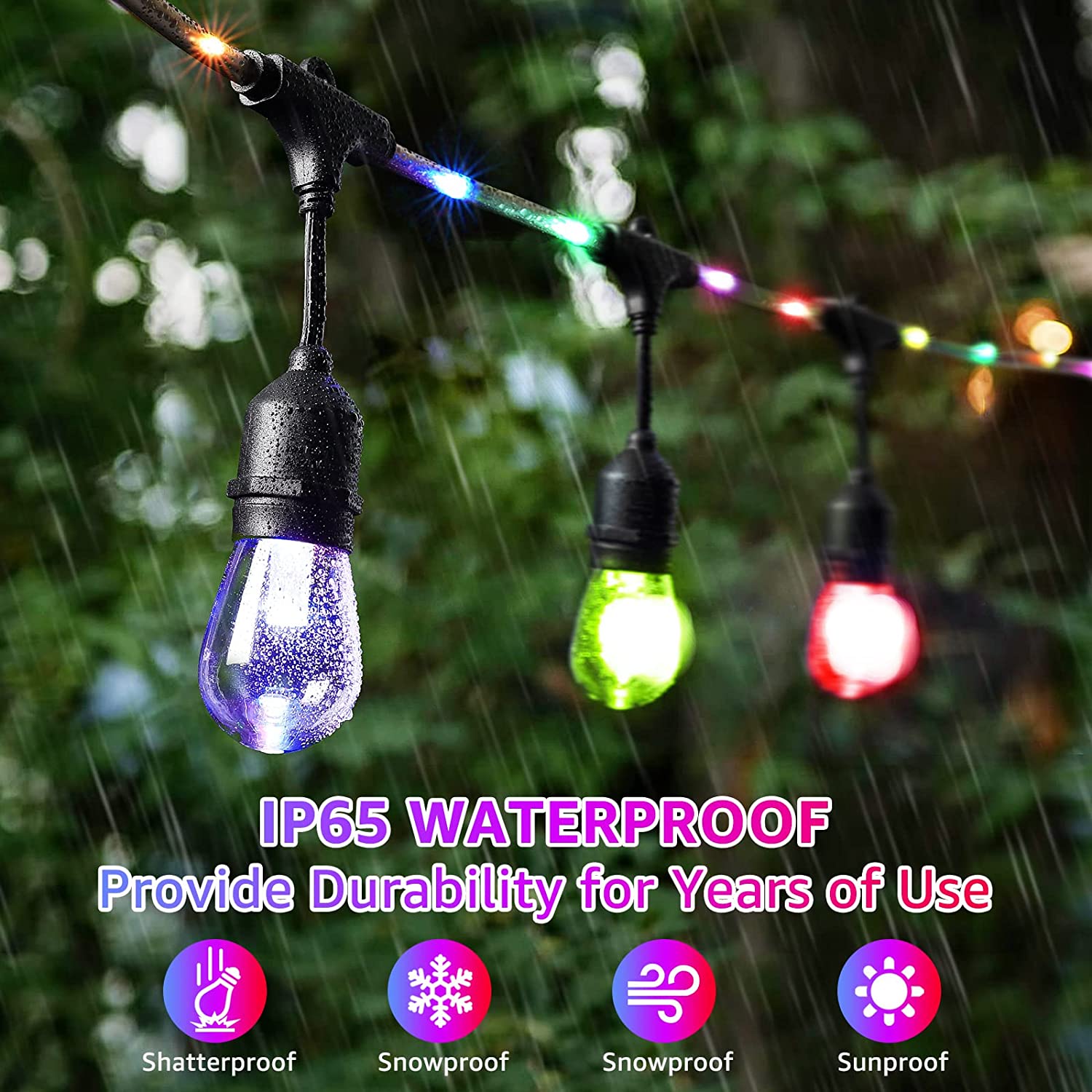 Maxvolador 48FT RGB String Lights with Rope Fairy, LED String Lights Outdoor with Remote, RGB Café Lights Patio Lights, Waterproof Shatterproof Edison Bulb String Lights for Garden Christmas,IP65 Waterproof