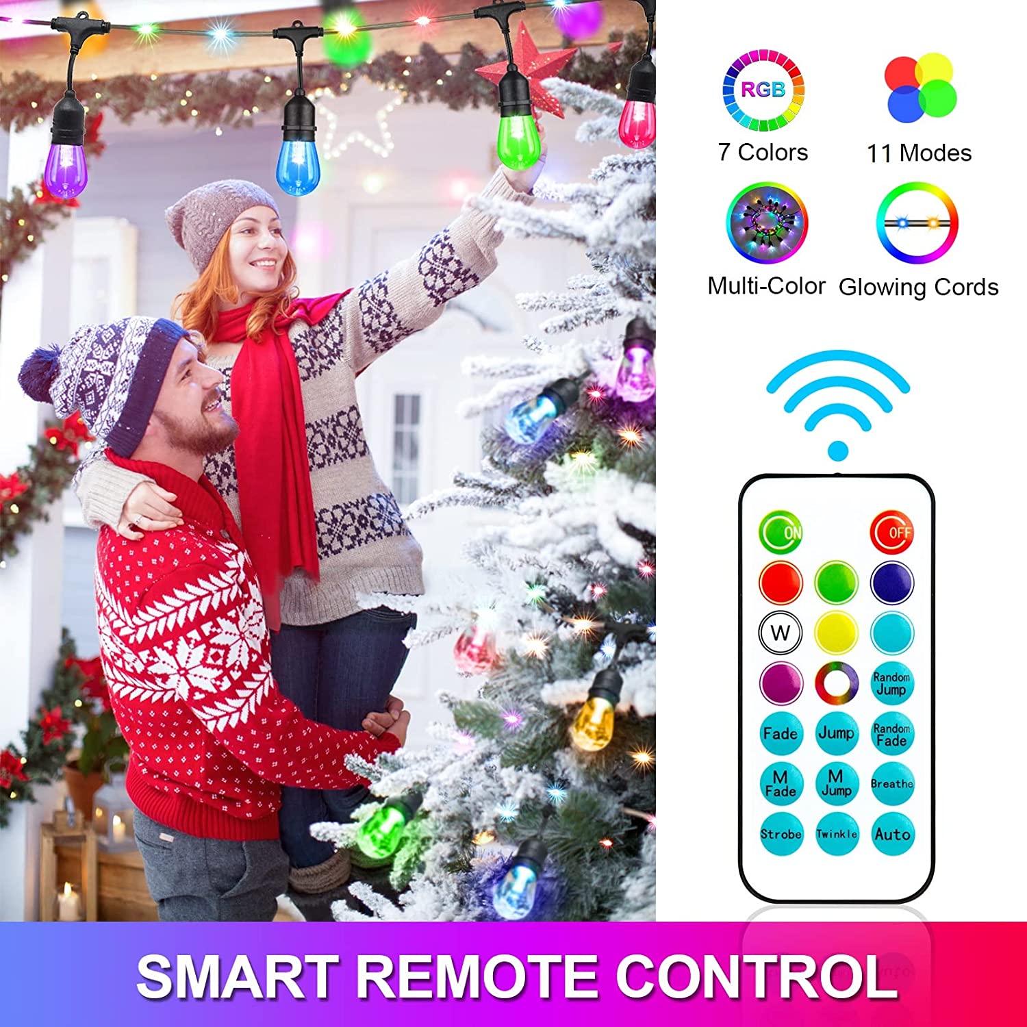 Maxvolador 48FT RGB String Lights with Rope Fairy, LED String Lights Outdoor with Remote, RGB Café Lights Patio Lights, Waterproof Shatterproof Edison Bulb String Lights for Garden Christmas,Smart remote control