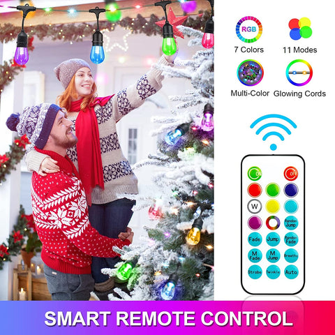Maxvolador 48FT RGB String Lights with Rope Fairy, LED String Lights Outdoor with Remote, RGB Café Lights Patio Lights, Waterproof Shatterproof Edison Bulb String Lights for Garden Christmas,Smart remote control