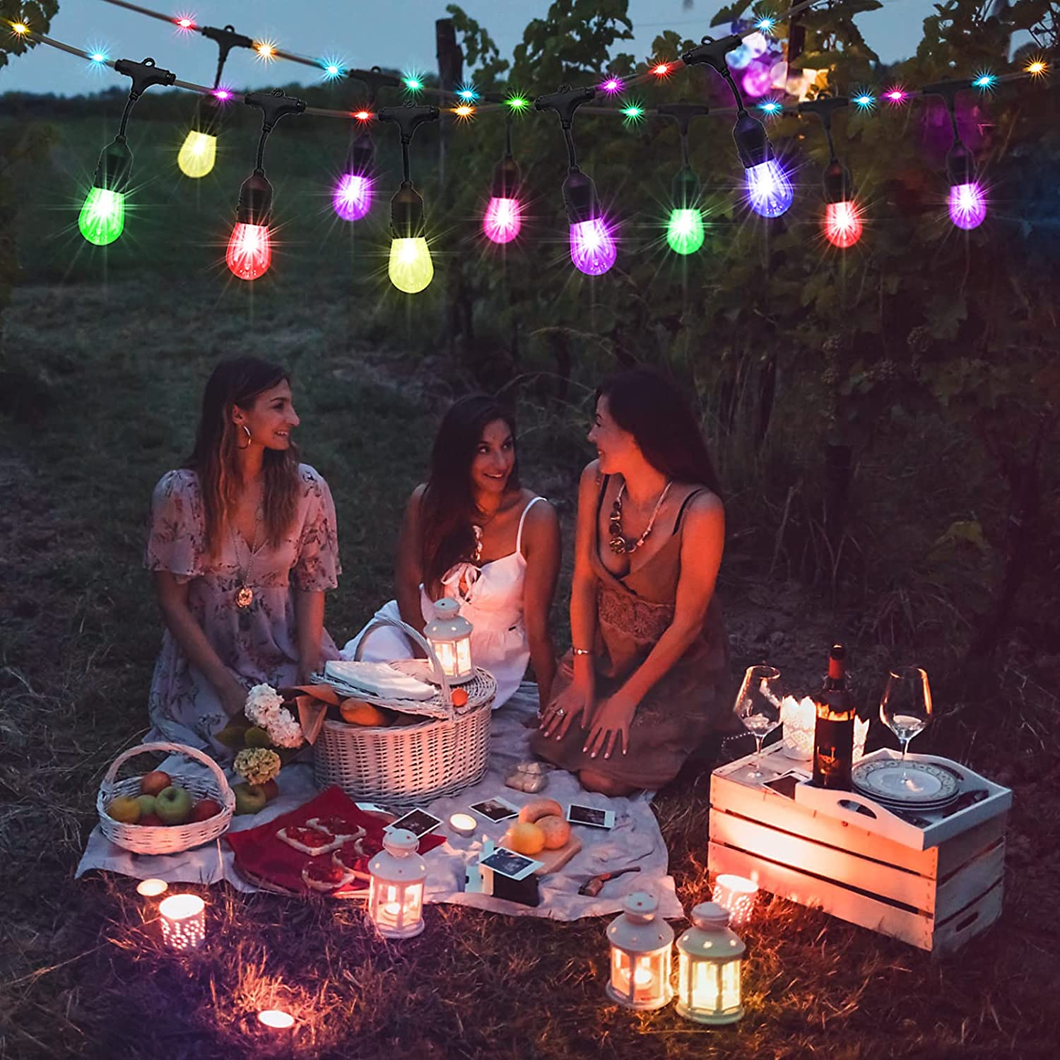 Maxvolador 48FT RGB String Lights with Rope Fairy, LED String Lights Outdoor with Remote, RGB Café Lights Patio Lights, Waterproof Shatterproof Edison Bulb String Lights for Garden Christmas,picnic
