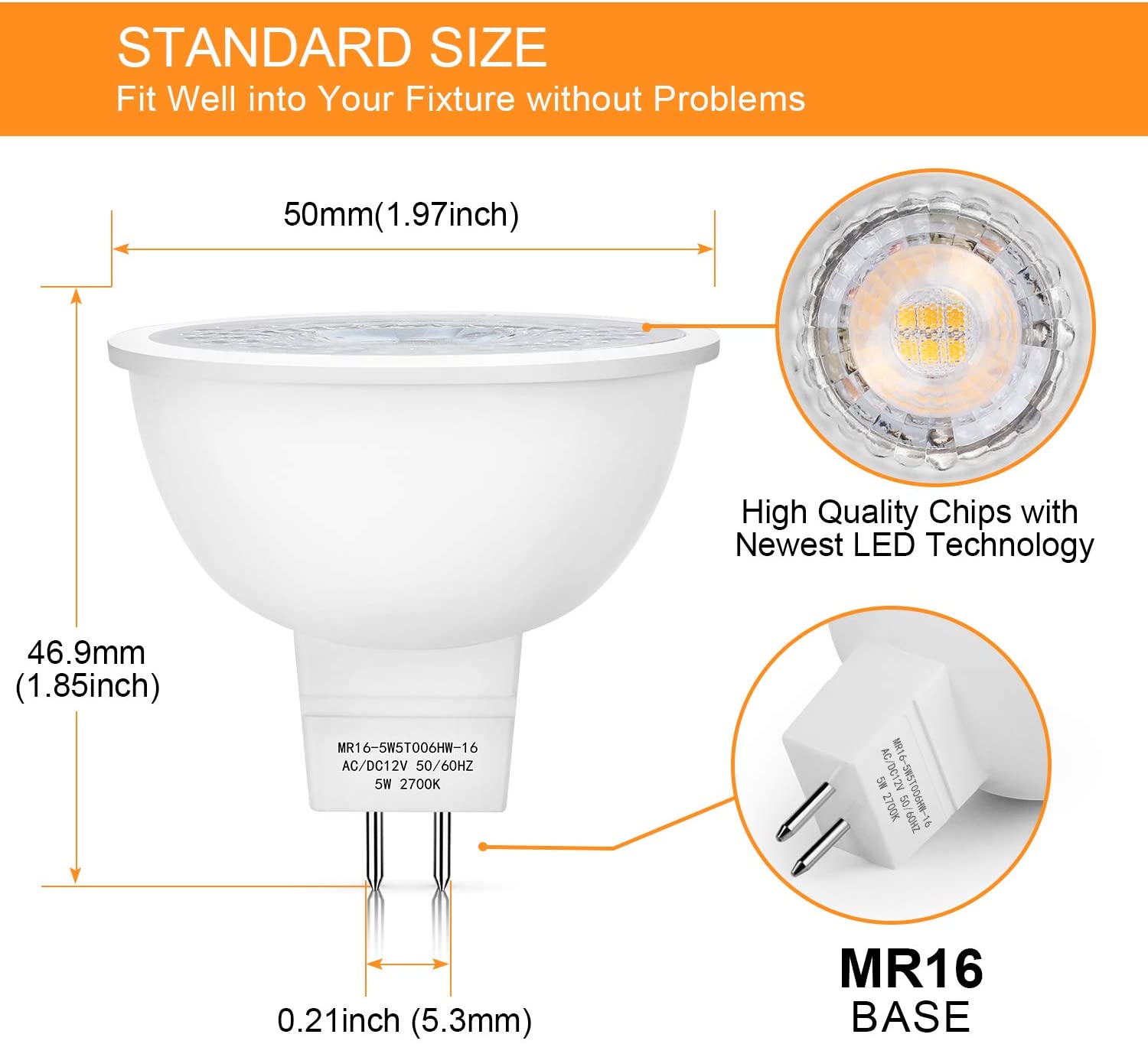 Maxvolador 4 Pack MR16 LED Bulbs 50W Halogen Equivalent, 2700K Warm White, 5W GU5.3 MR16 12V Spotlight Bulbs, Standard Size