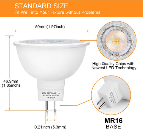 Maxvolador 4 Pack MR16 LED Bulbs 50W Halogen Equivalent, 2700K Warm White, 5W GU5.3 MR16 12V Spotlight Bulbs, Standard Size