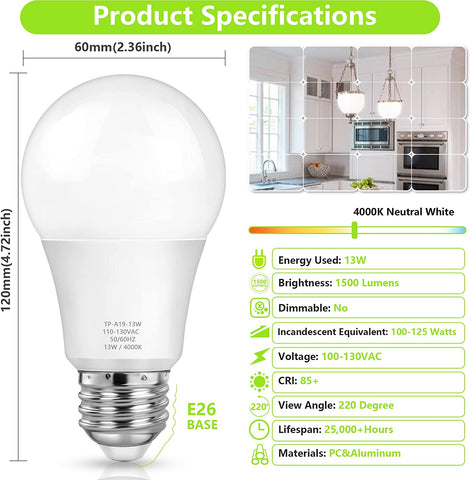 Maxvolador A19 LED Light Bulb, 100 Watt Equivalent, 4000K Natural White LED Bulb, 1500 Lumens, E26 Standard Base, No Dimmable, No Flicker for Bedroom Living Room Bathroom, 12-Pack,Product Specifications
