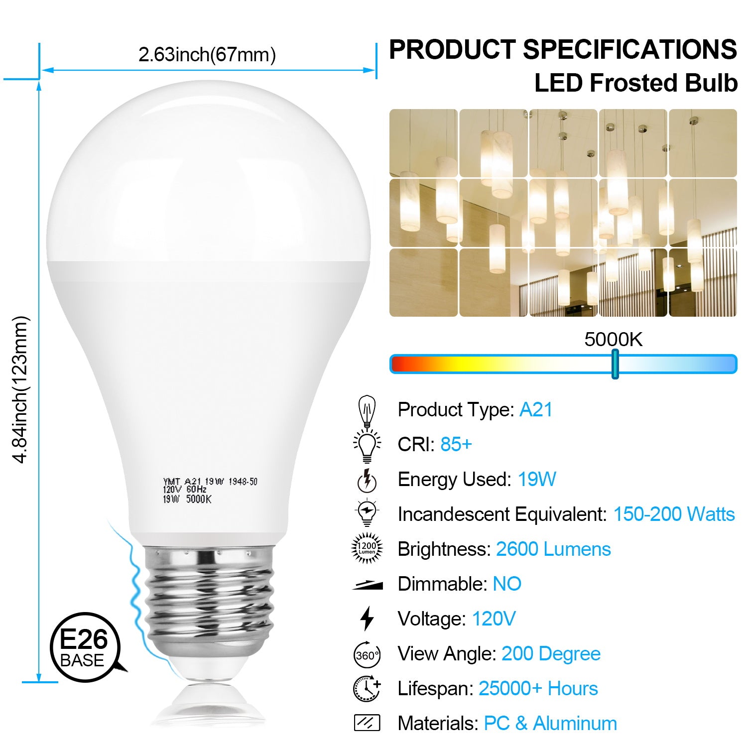 Maxvolador A21 LED Light Bulbs, 150 Watt Equivalent LED Bulbs, Daylight White 5000K, 2600 Lumens, E26 Base, Non-Dimmable, 19W Light Bulbs for Bedroom Living Room, Pack of 6,Product Specifications