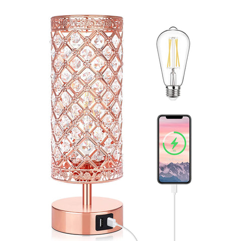 MAXvolador Crystal Table Lamp with 2 USB Charging Ports, 3-Way Dimmable