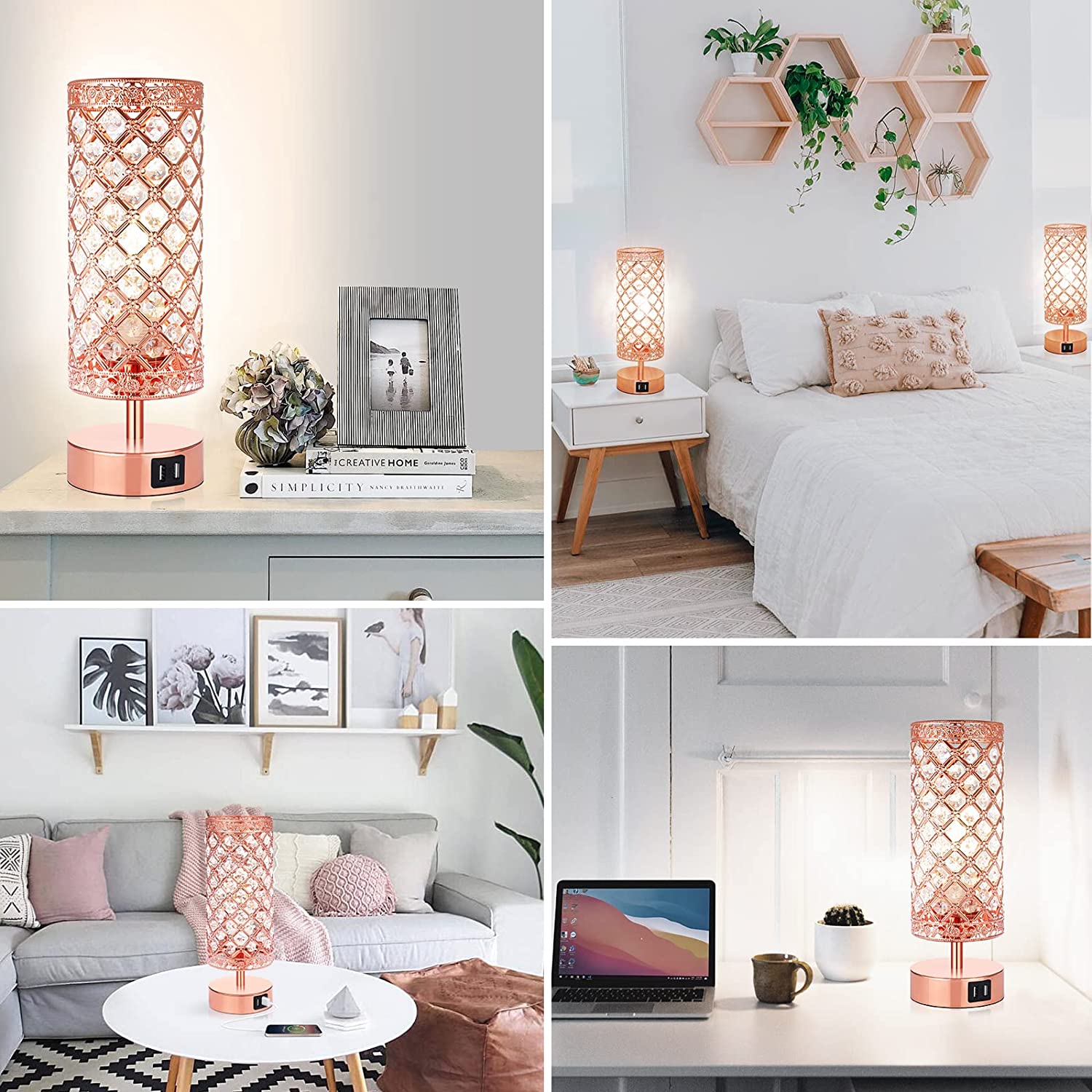Maxvolador Crystal Touch Control Table Lamp, Rose Gold Dimmable K9 Crystal Bedside Nightstand Lamps with USB Charging Ports, Small Pink Decorative Night Lights for Bedroom Living Room study, 4000K White Bulb
