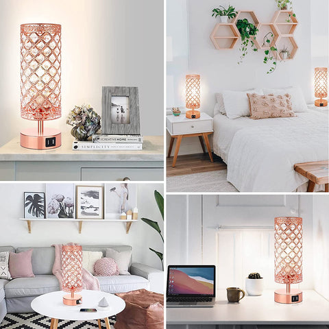 Maxvolador Crystal Touch Control Table Lamp, Rose Gold Dimmable K9 Crystal Bedside Nightstand Lamps with USB Charging Ports, Small Pink Decorative Night Lights for Bedroom Living Room study, 4000K White Bulb