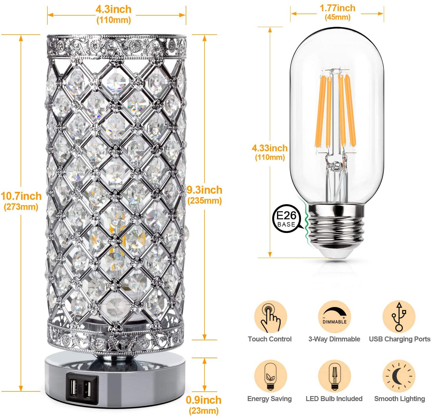 Maxvolador Crystal Touch Control Table Lamp with Dual USB Charging Ports, 3-Way Dimmable Decorative Bedside Nightstand Desk Lamps for  Bedroom Living Room, Small Night Light, T45 LED Bulb Included,standard size