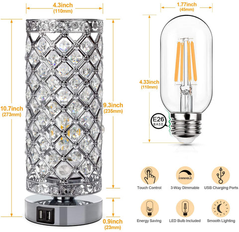 Maxvolador Crystal Touch Control Table Lamp with Dual USB Charging Ports, 3-Way Dimmable Decorative Bedside Nightstand Desk Lamps for  Bedroom Living Room, Small Night Light, T45 LED Bulb Included,standard size