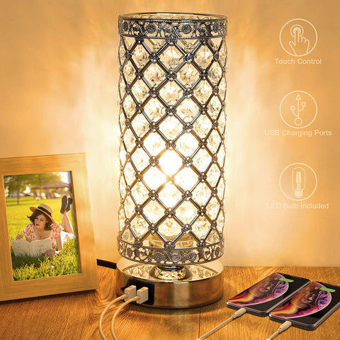 Maxvolador Crystal Touch Control Table Lamp with Dual USB Charging Ports, 3-Way Dimmable Decorative Bedside Nightstand Desk Lamps for Bedrooms Living Room, Small Night Light, T45 LED Bulb Included