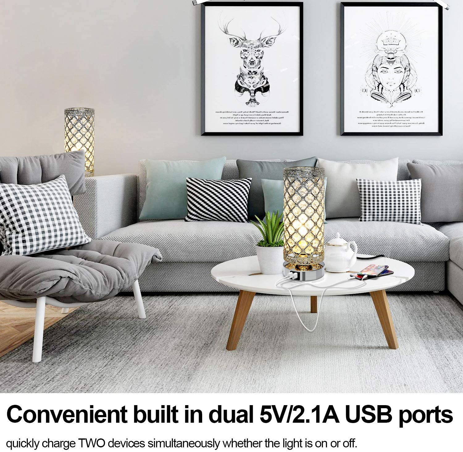 Maxvolador Crystal Touch Control Table Lamp with Dual USB Charging Ports, 3-Way Dimmable Decorative Bedside Nightstand Desk Lamps for  Living Room, Small Night Light, T45 LED Bulb Included