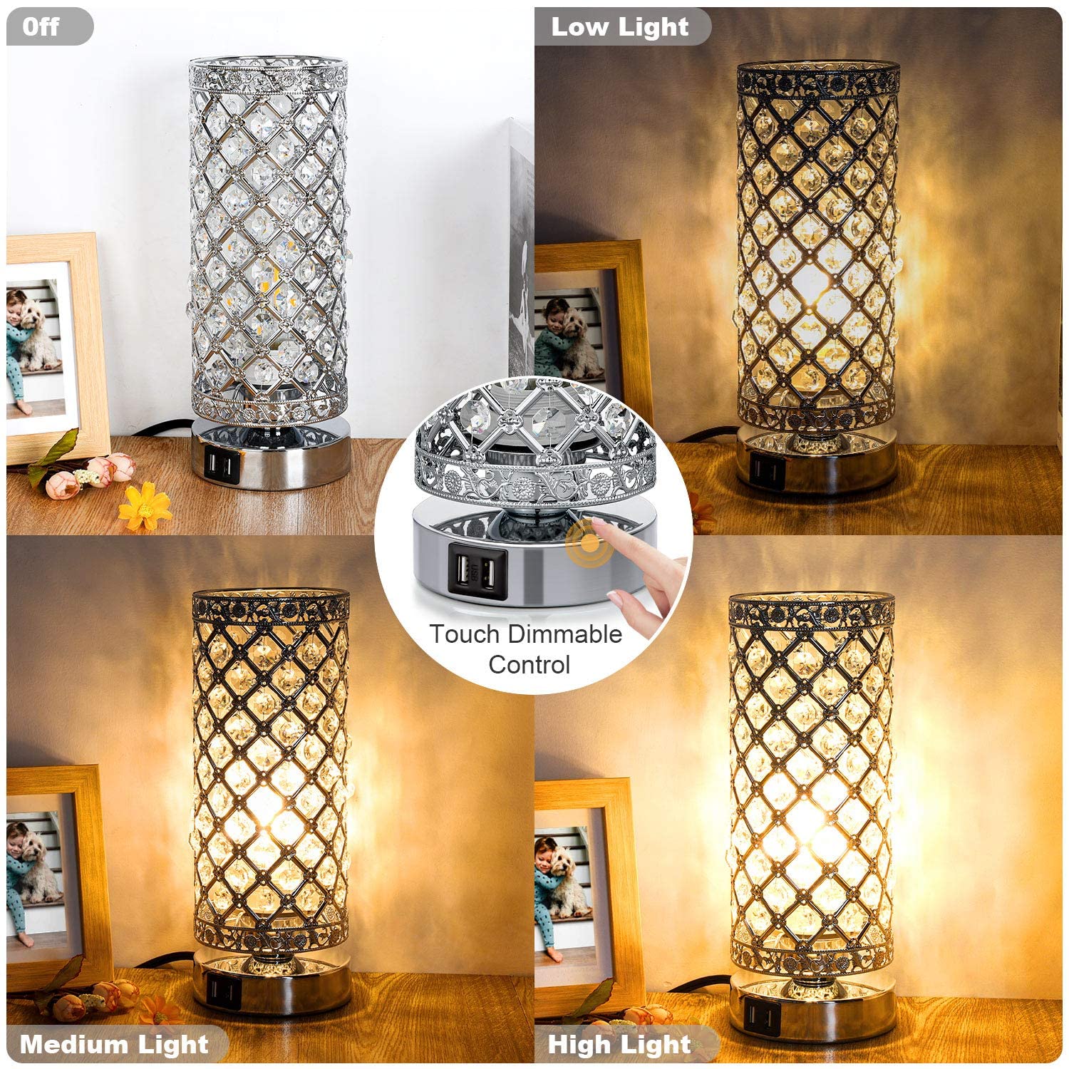 Maxvolador Crystal Touch Control Table Lamp with Dual USB Charging Ports, 3-Way Dimmable Decorative Bedside Nightstand Desk Lamps for  Living Room, Small Night Light, T45 LED Bulb Included,Touch Dimmable Control