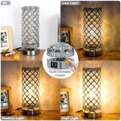 Maxvolador Crystal Touch Control Table Lamp with Dual USB Charging Ports, 3-Way Dimmable Decorative Bedside Nightstand Desk Lamps for  Living Room, Small Night Light, T45 LED Bulb Included,Touch Dimmable Control