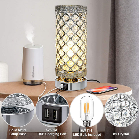 Maxvolador Crystal Touch Control Table Lamp with Dual USB Charging Ports, 3-Way Dimmable Decorative Bedside Nightstand Desk Lamps for  Living Room, Small Night Light, T45 LED Bulb Included,detailed description