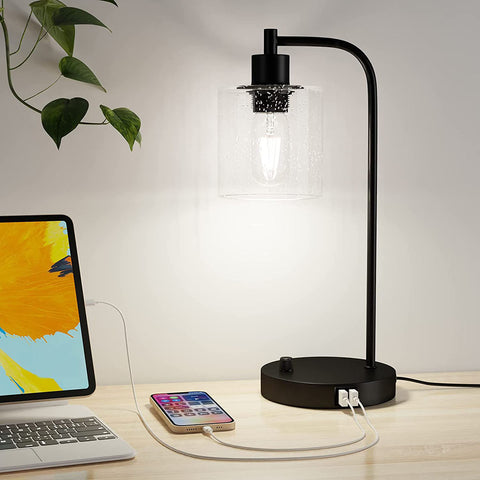 Maxvolador Dimmable Table Lamps, Industrial Nightstand Table Lamp with 2 USB Charging Ports, 4000K LED Bulb, Seeded Glass Lampshade for Bedside, Bedroom, Livingroom, Office (Neutral White)