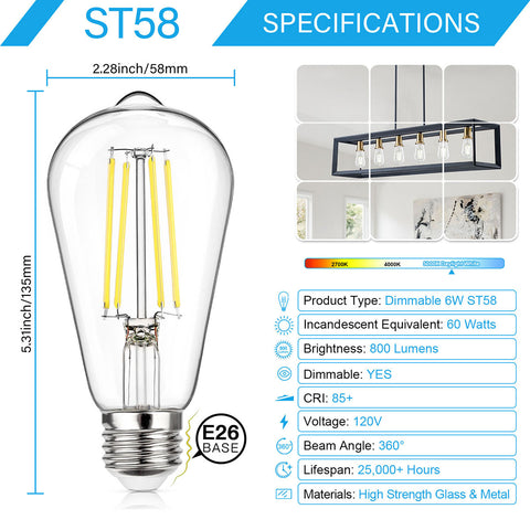 Maxvolador Dimmable Vintage LED Edison Bulb 60W Equivalent, 6W 800Lumens Edison Light Bulbs 5000K Daylight White, ST58 Antique LED Filament Bulb CRI 85+, E26 Medium Base , Clear Glass, 12 Pack,Specifications