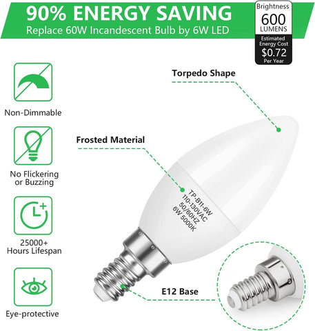 Maxvolador E12 Candelabra LED Bulbs 60W Equivalent, Daylight White 5000K, 6W Chandelier Light Bulbs 600 Lumens, B11 Candle lamp with Decorative Candelabra Base, Non-Dimmable, 12Pack，90% energy saving
