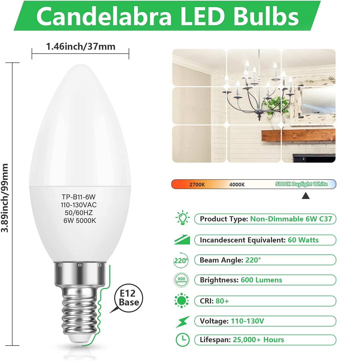 Maxvolador E12 Candelabra LED Bulbs 60W Equivalent, Daylight White 5000K, 6W Chandelier Light Bulbs 600 Lumens, B11 Candle lamp with Decorative Candelabra Base, Non-Dimmable, 12Pack，Candelabra LED Bulbs
