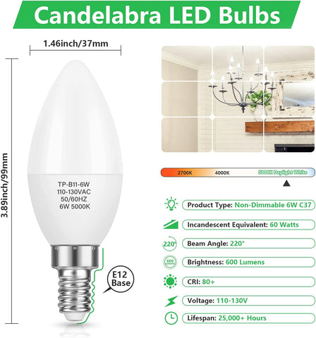 Maxvolador E12 Candelabra LED Bulbs 60W Equivalent, Daylight White 5000K, 6W Chandelier Light Bulbs 600 Lumens, B11 Candle lamp with Decorative Candelabra Base, Non-Dimmable, 12Pack，Candelabra LED Bulbs