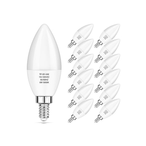 Maxvolador E12 Candelabra LED Bulbs 60W Equivalent, Daylight White 5000K, 6W Chandelier Light Bulbs 600 Lumens, B11 Candle lamp with Decorative Candelabra Base, Non-Dimmable, Pack of 12