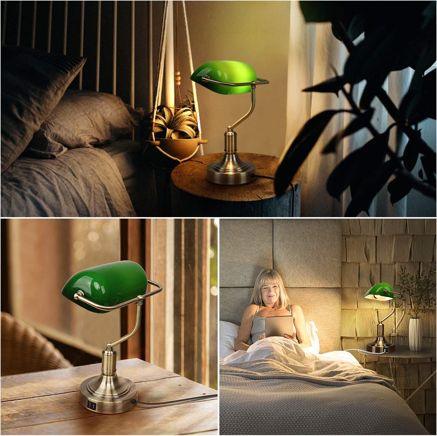 Maxvolador Green Glass Banker’s Lamp with 2 Fast USB Charging Ports, 3 Way Dimmable Desk Lamp, Touch Control Vintage Table Lamp for Library Bedroom, Piano Style Lamp