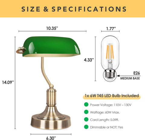 Maxvolador Green Glass Banker’s Lamp with 2 Fast USB Charging Ports, 3 Way Dimmable Desk Lamp, Touch Control Vintage Table Lamp for Library Bedroom, Piano Style Lamp，size and  specifications