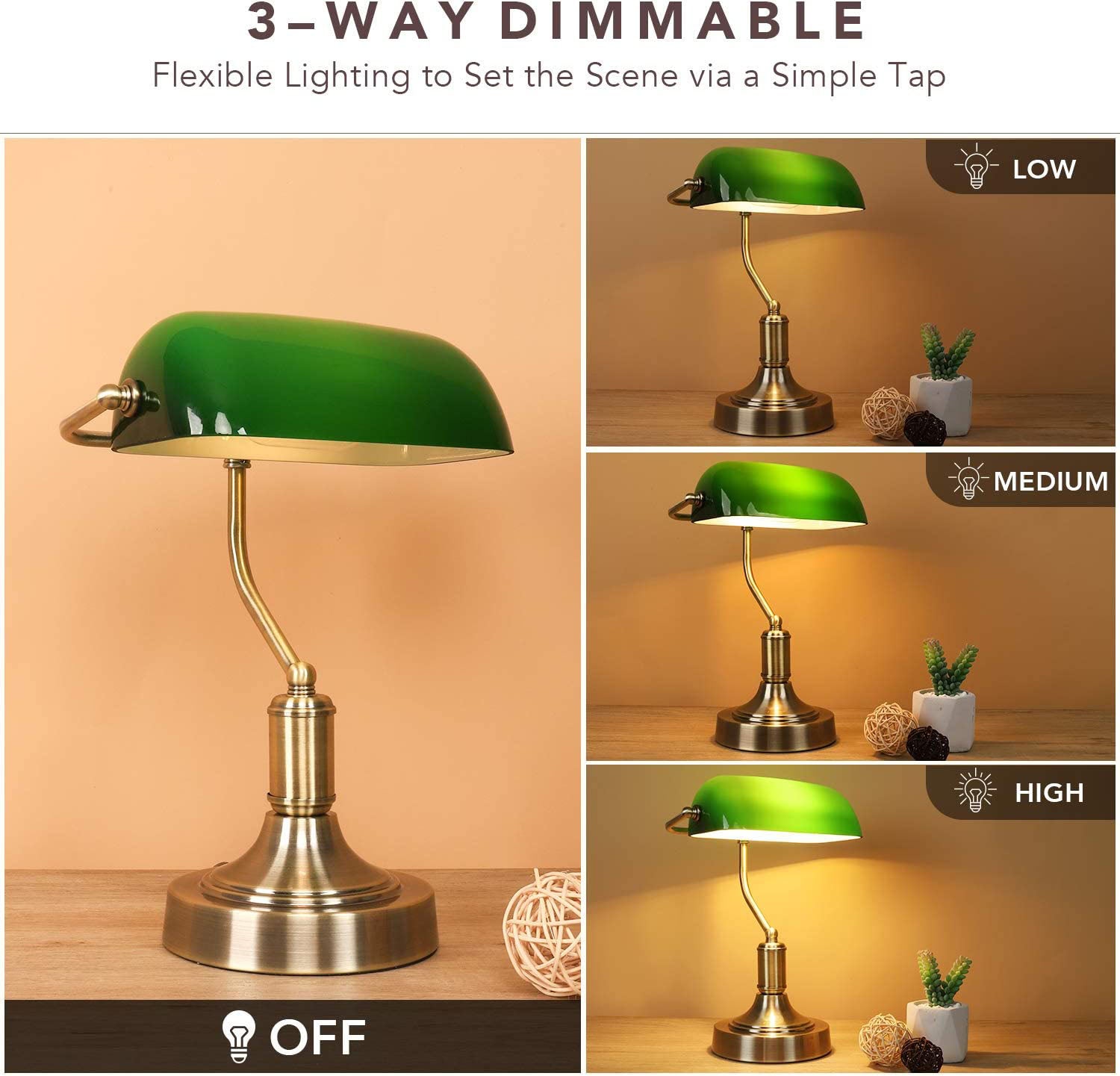 Maxvolador Green Glass Banker’s Lamp with 2 Fast USB Charging Ports, 3 Way Dimmable Desk Lamp, Touch Control Vintage Table Lamp for Workplaces, Library, Bedroom, Piano Style Lamp 3-way Dimmable