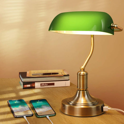 Maxvolador Green Glass Banker’s Lamp with 2 Fast USB Charging Ports, 3 Way Dimmable Desk Lamp, Touch Control Vintage Table Lamp for Workplaces, Library, Bedroom, Piano Style Lamp