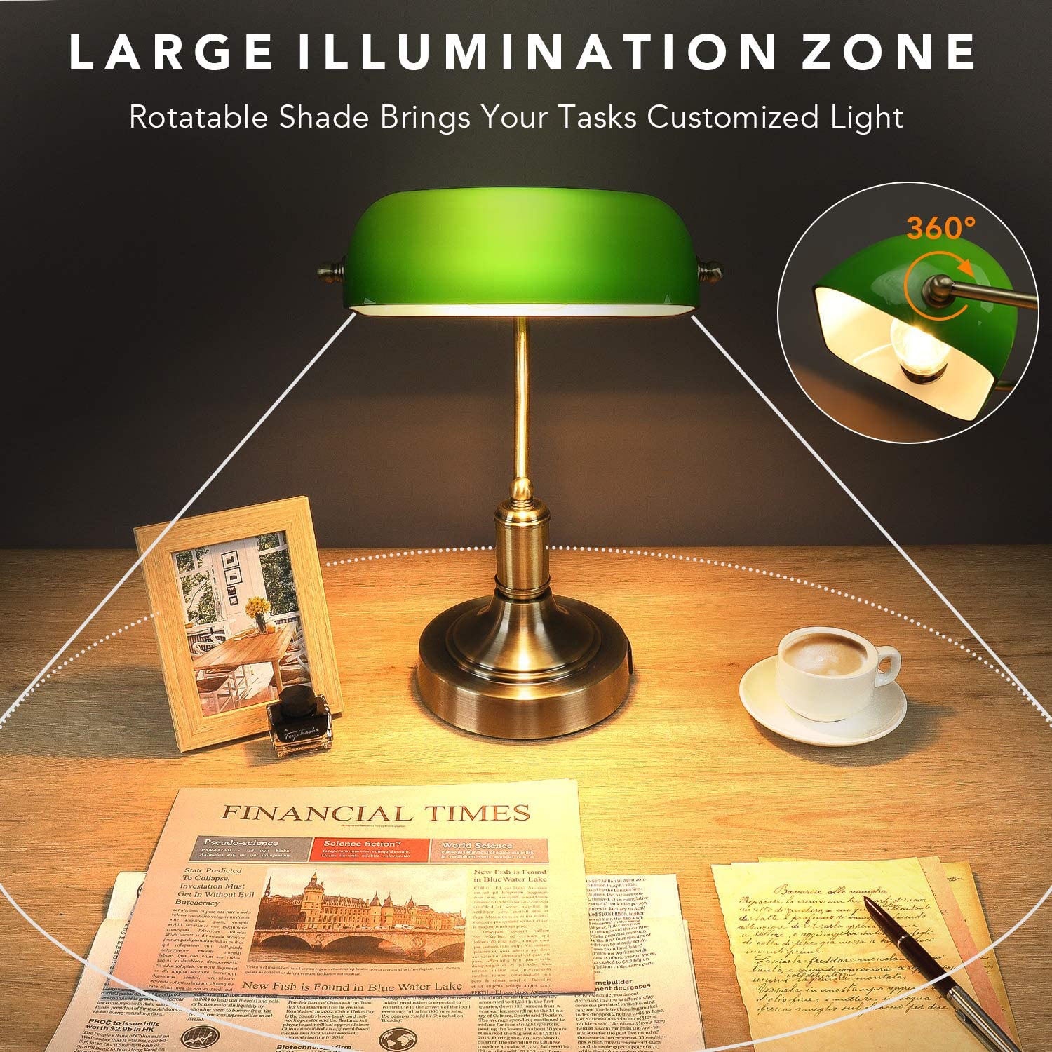 Maxvolador Green Glass Banker’s Lamp with 2 Fast USB Charging Ports, 3 Way Dimmable Desk Lamp, Touch Control Vintage Table Lamp for Workplaces, Library, Piano Style Lamp,large illumination zone