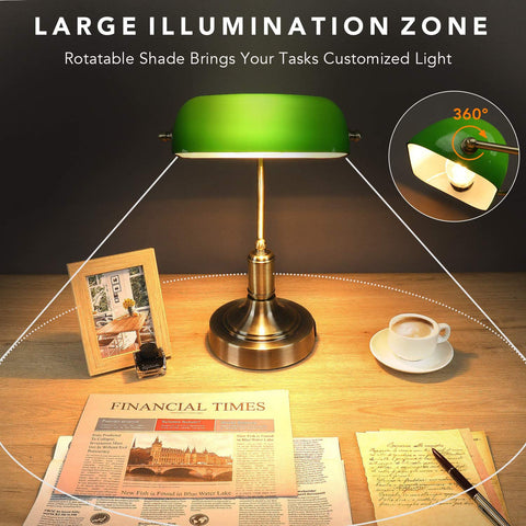 Maxvolador Green Glass Banker’s Lamp with 2 Fast USB Charging Ports, 3 Way Dimmable Desk Lamp, Touch Control Vintage Table Lamp for Workplaces, Library, Piano Style Lamp,large illumination zone