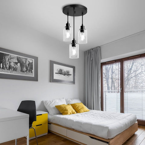 Maxvolador Industrial 3-Light Pendant Light, Adjustable Hanging Light Fixture with Clear Glass Shade, Mini Pendant Lighting, Vintage Farmhouse Ceiling Lamp for  Bed Room E26 Base, Black
