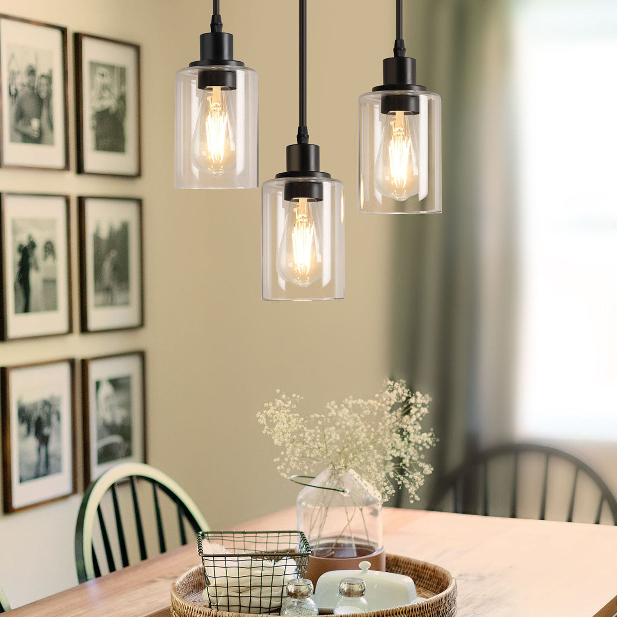 Maxvolador Industrial 3-Light Pendant Light, Adjustable Hanging Light Fixture with Clear Glass Shade, Mini Pendant Lighting, Vintage Farmhouse Ceiling Lamp for  Dining Room E26 Base, Black