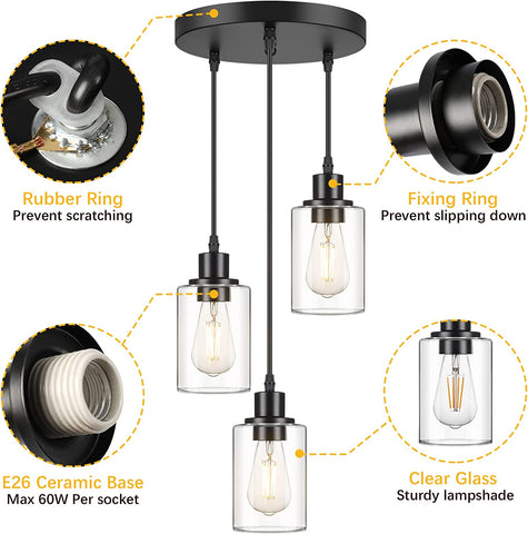 Maxvolador Industrial 3-Light Pendant Light, Adjustable Hanging Light Fixture with Clear Glass Shade, Mini Pendant Lighting, Vintage Farmhouse Ceiling Lamp for Dinning Room E26 Base, Black,Detailed Description