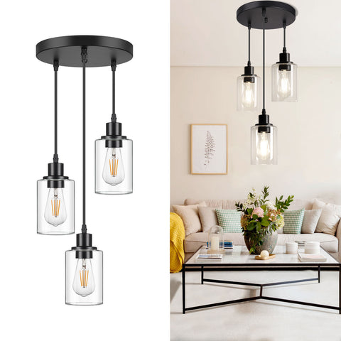 Maxvolador Industrial 3-Light Pendant Light, Adjustable Hanging Light Fixture with Clear Glass Shade, Mini Pendant Lighting, Vintage Farmhouse Ceiling Lamp for Kitchen Dining Room E26 Base, Black