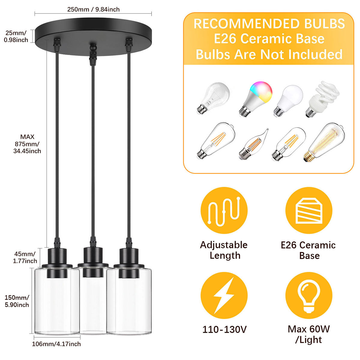 Maxvolador Industrial 3-Light Pendant Light, Adjustable Hanging Light Fixture with Clear Glass Shade, Mini Pendant Lighting, Vintage Farmhouse Ceiling Lamp for Kitchen Dinning Room E26 Base, Black,Standard size