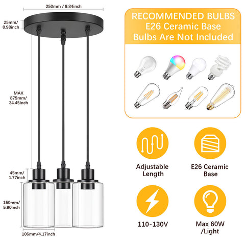 Maxvolador Industrial 3-Light Pendant Light, Adjustable Hanging Light Fixture with Clear Glass Shade, Mini Pendant Lighting, Vintage Farmhouse Ceiling Lamp for Kitchen Dinning Room E26 Base, Black,Standard size