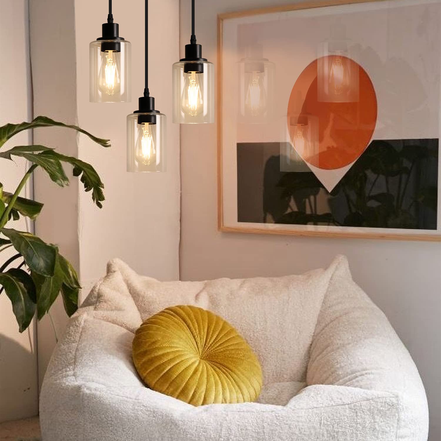 Maxvolador Industrial 3-Light Pendant Light, Adjustable Hanging Light Fixture with Clear Glass Shade, Mini Pendant Lighting, Vintage Farmhouse Ceiling Lamp for Living Room Dining Room E26 Base, Black