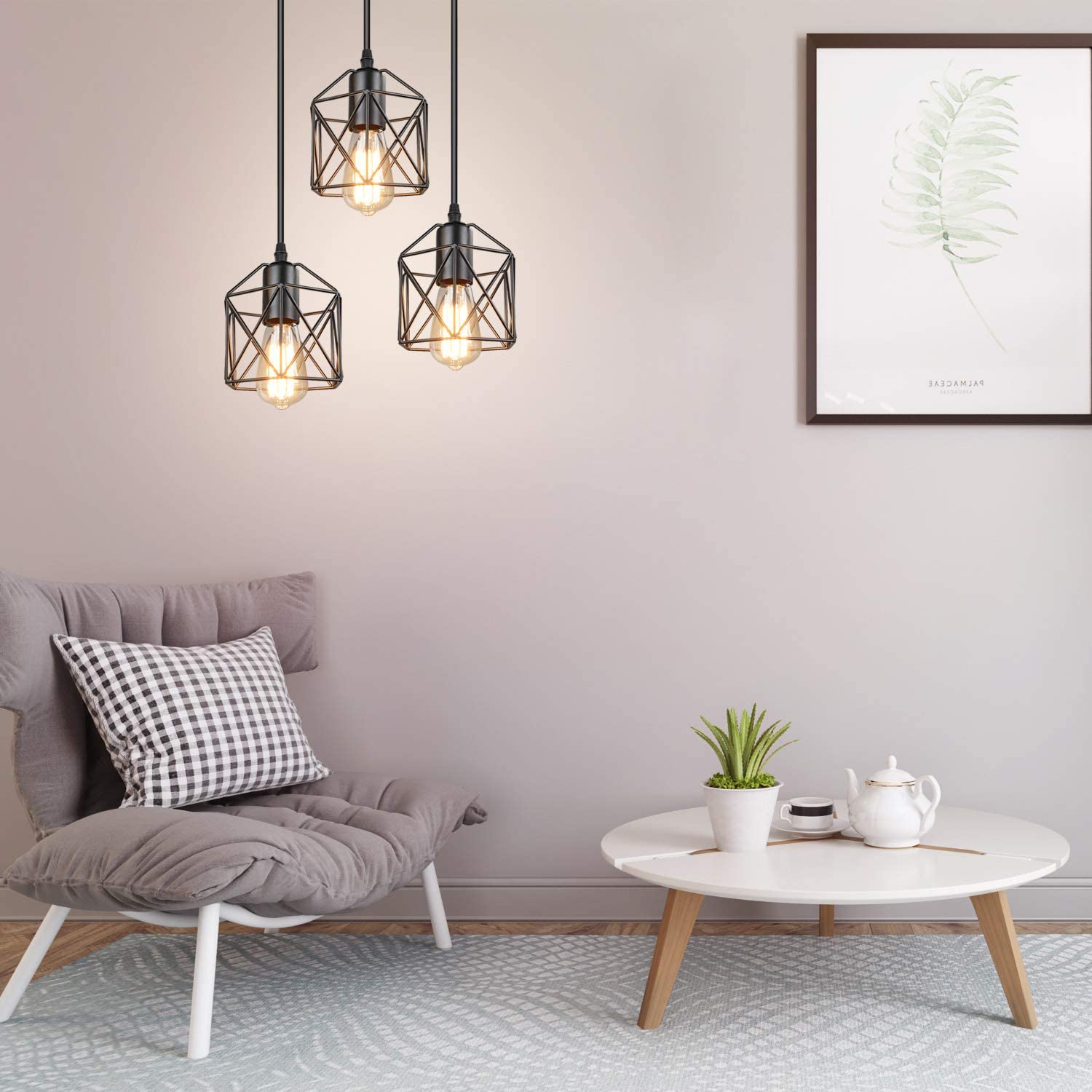 Maxvolador Industrial 3-Light Pendant Lighting, Adjustable Hanging Light Fixtures, Vintage Farmhouse Pendant Light with Metal Caged E26 Base for Dining Room Living Room, Black